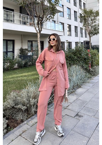Kadın Pembe Çift Cepli Uzun Gömlek & Beli Lastikli Pantolon - Rahat Alt & Üst Takım fırsatları