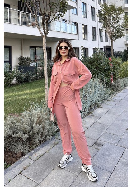 Kadın Pembe Çift Cepli Uzun Gömlek & Beli Lastikli Pantolon - Rahat Alt & Üst Takım indirimleri