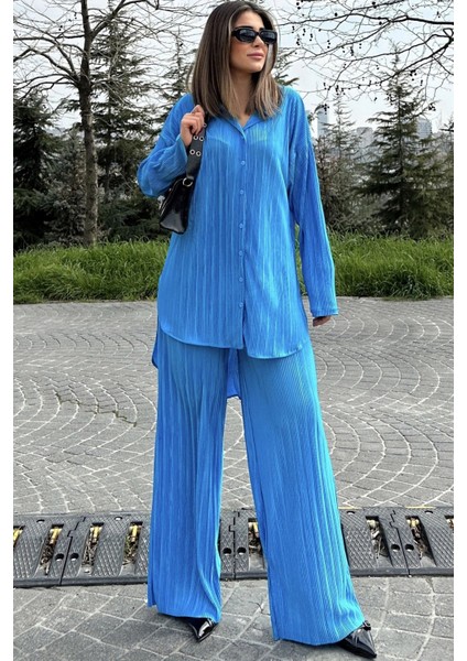 Kadın Mavi Uzun Tunik Gömlek & Beli Lastikli, Bol Paça Pantolon - Salaş Bürümcük Takım fiyatları