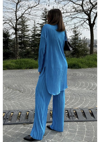 Kadın Mavi Uzun Tunik Gömlek & Beli Lastikli, Bol Paça Pantolon - Salaş Bürümcük Takım fırsatları