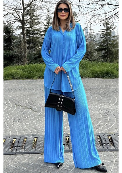 Kadın Mavi Uzun Tunik Gömlek & Beli Lastikli, Bol Paça Pantolon - Salaş Bürümcük Takım indirimleri