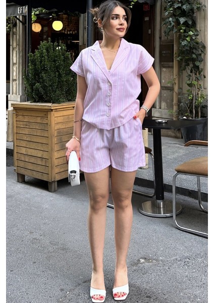 Pembe Apaş Yaka, Kısa Kol Gömlek & Beli Lastikli, Cepli Şort - Çizgi Desen Fisto Alt Üst Takım