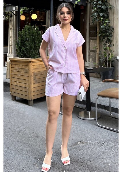 Pembe Apaş Yaka, Kısa Kol Gömlek & Beli Lastikli, Cepli Şort - Çizgi Desen Fisto Alt Üst Takım