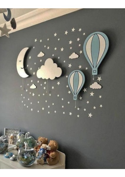 Ay Balon Bulut Ahşap Led'li Çocuk Odası Dekorasyonu - Eğlenceli ve Güvenli Aydınlatma