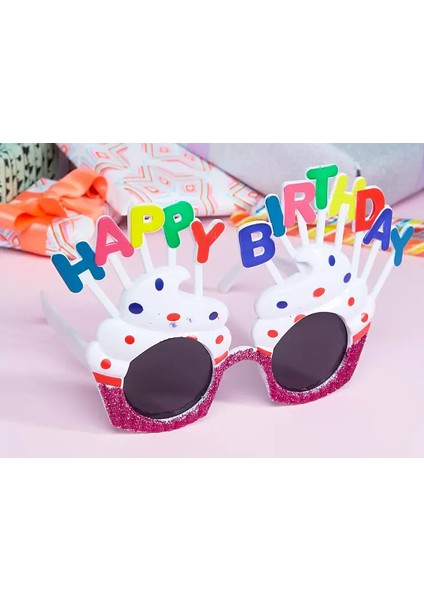 Happy Birthday Yazılı Beyaz Fuşya Renk Parti Gözlüğü 12 x 7 cm (4744)