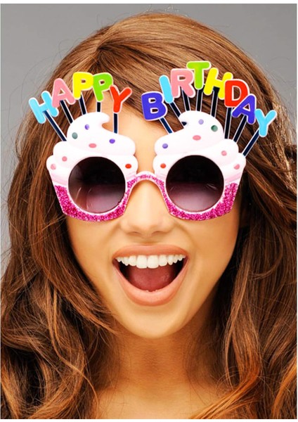 Happy Birthday Yazılı Beyaz Fuşya Renk Parti Gözlüğü 12 x 7 cm (4744)