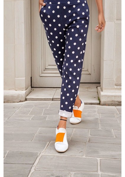 Puantiyeli, Beli Lastikli, Cep Detay, Casual Pantolon