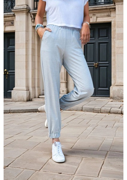 Gri Yüksek Bel, Paçası Lastikli, Spor Jogger Pantolon