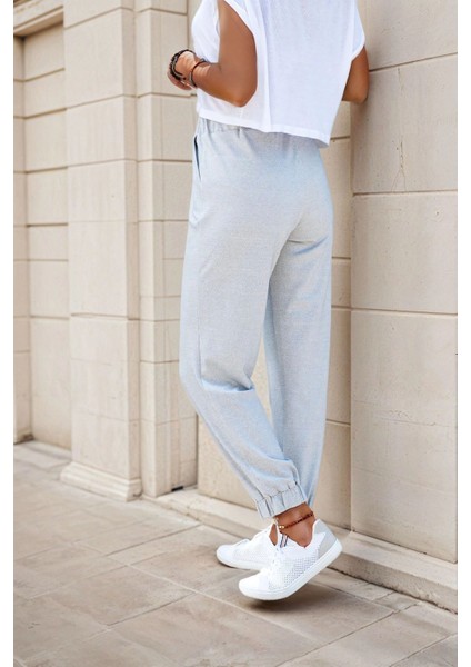 Gri Yüksek Bel, Paçası Lastikli, Spor Jogger Pantolon