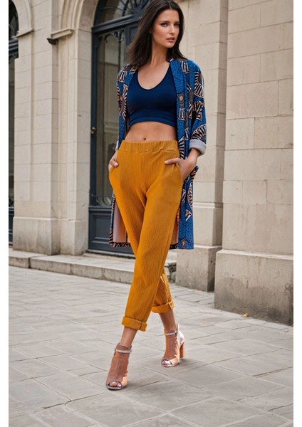 Hardal Beli Lastikli, Cep Detay, Casual Pantolon