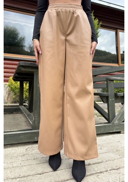 Taba Lastikli Yüksek Bel, Cepli, Bol Paça, Salaş Deri Pantolon - Tesettüre Uygun fiyatları
