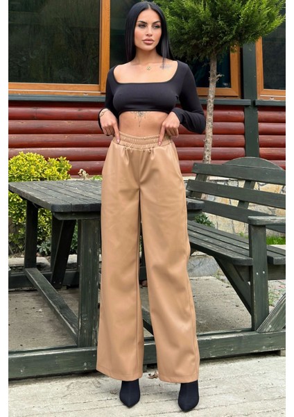Taba Lastikli Yüksek Bel, Cepli, Bol Paça, Salaş Deri Pantolon - Tesettüre Uygun modelleri