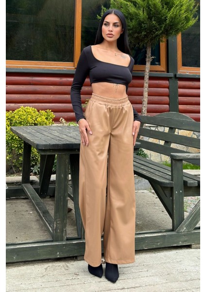 Taba Lastikli Yüksek Bel, Cepli, Bol Paça, Salaş Deri Pantolon - Tesettüre Uygun fırsatları