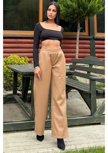 Taba Lastikli Yüksek Bel, Cepli, Bol Paça, Salaş Deri Pantolon - Tesettüre Uygun indirimleri