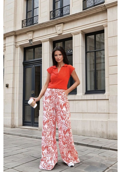 Turuncu Yüksek Bel, Tropikal Desenli, Bol Kesim Pantolon