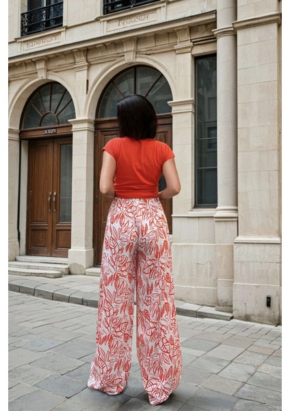 Turuncu Yüksek Bel, Tropikal Desenli, Bol Kesim Pantolon fiyatları