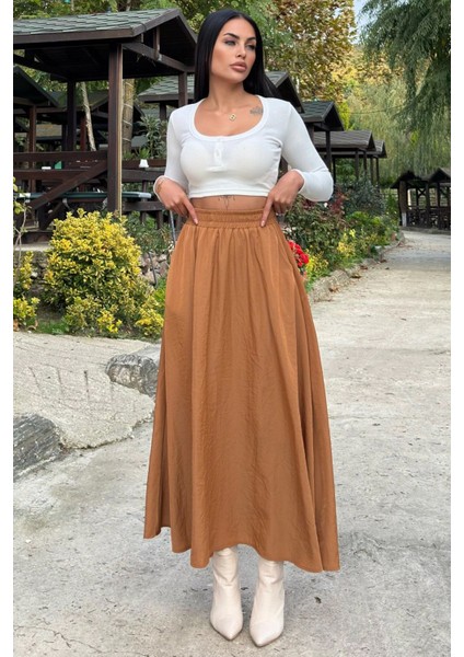 Taba Lastikli Yüksek Bel, A Kesim, Dökümlü ve Salaş, Uzun Kupra Etek