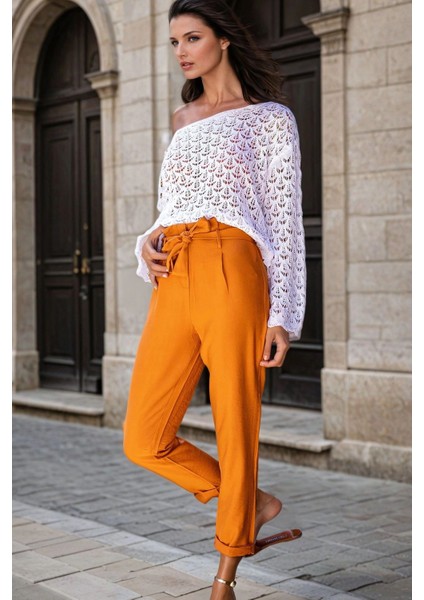 Kiremit, Yüksek Bel, Kuşak Detaylı, Slim Fit Pantolon