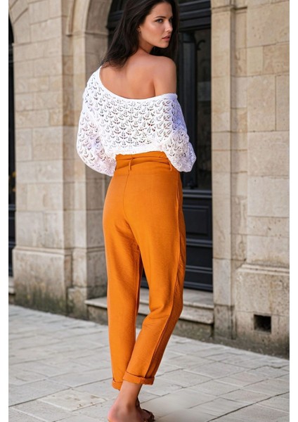 Kiremit, Yüksek Bel, Kuşak Detaylı, Slim Fit Pantolon