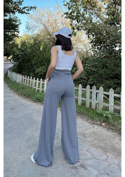 Kadın Gri Beli Lastikli, Cepli Örme Dokuma Kumaş, Bol Paça, Salaş Pantolon fiyatları
