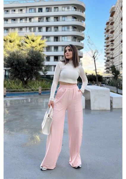 Kadın Pudra Beli Lastikli, Cepli, Bol Paça, Salaş Pantolon fırsatları