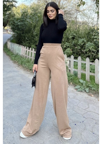 Kadın Camel Beli Lastikli, Cepli Örme Dokuma Kumaş, Bol Paça, Salaş Pantolon