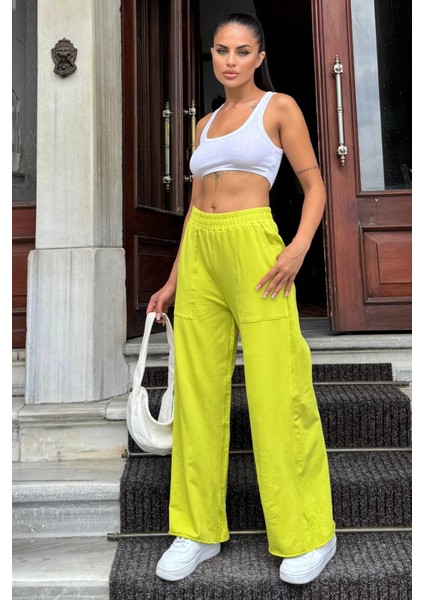 Kadın Yağ Yeşili Beli Lastikli, Cepli, Bol Paça, Salaş Pantolon