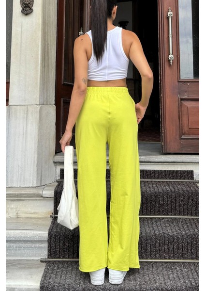 Kadın Yağ Yeşili Beli Lastikli, Cepli, Bol Paça, Salaş Pantolon modelleri