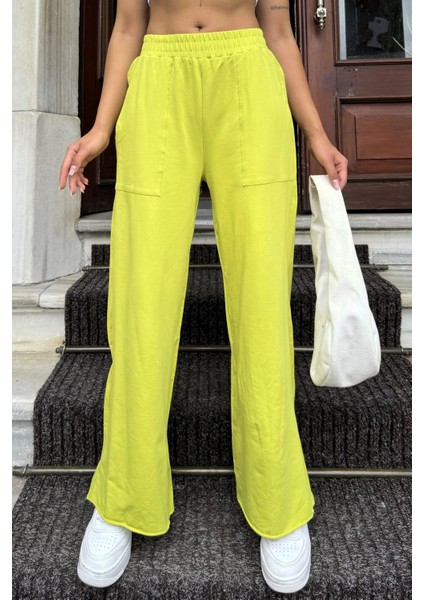 Kadın Yağ Yeşili Beli Lastikli, Cepli, Bol Paça, Salaş Pantolon fırsatları