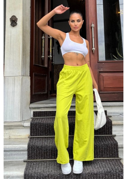 Kadın Yağ Yeşili Beli Lastikli, Cepli, Bol Paça, Salaş Pantolon indirimleri