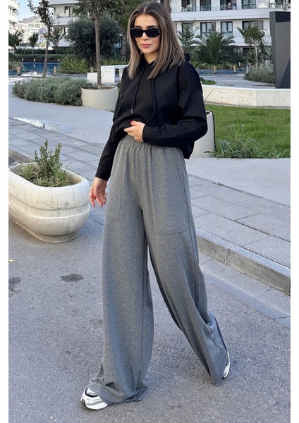 Kadın Antrasit Beli Lastikli, Cepli, Bol Paça, Salaş Pantolon