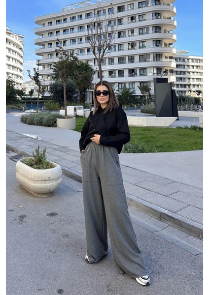Kadın Antrasit Beli Lastikli, Cepli, Bol Paça, Salaş Pantolon indirimleri