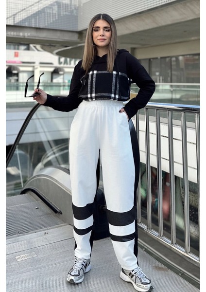 Kadın Ekru Color Block Tasarım Beli Lastikli Salaş Eşofman Altı
