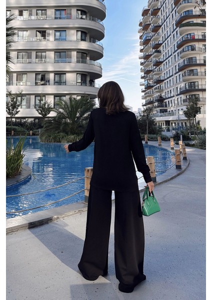 Kadın Siyah Yuvarlak Yaka Sweatshirt & Bol Paça Beli Lastikli Pantolon - Rahat Alt & Üst Takım modelleri