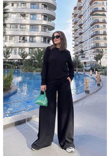 Kadın Siyah Yuvarlak Yaka Sweatshirt & Bol Paça Beli Lastikli Pantolon - Rahat Alt & Üst Takım fırsatları