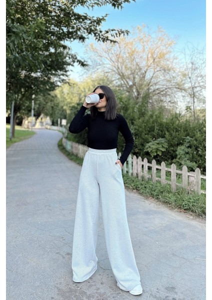 Kadın Beyaz Beli Lastikli, Cepli Örme Dokuma Kumaş, Bol Paça, Salaş Pantolon fiyatları