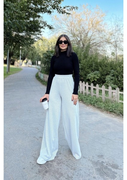 Kadın Beyaz Beli Lastikli, Cepli Örme Dokuma Kumaş, Bol Paça, Salaş Pantolon fırsatları