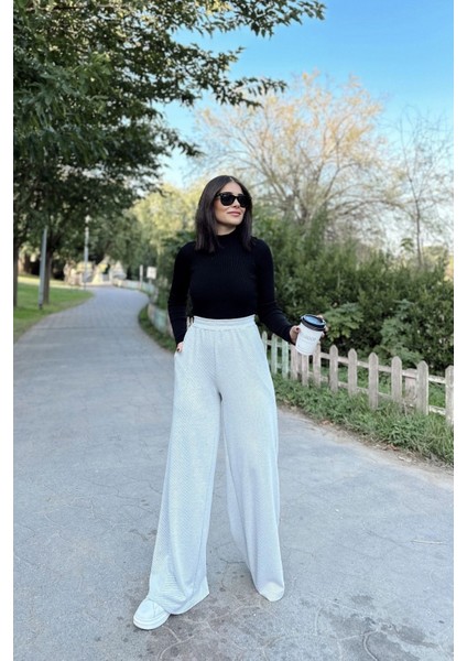 Kadın Beyaz Beli Lastikli, Cepli Örme Dokuma Kumaş, Bol Paça, Salaş Pantolon indirimleri