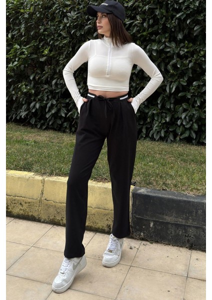 Kadın Siyah Lastikli Bel Bağcık Detaylı Eşofman Altı