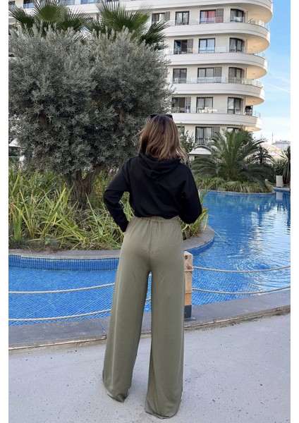 Kadın Haki Beli Lastikli, Cepli, Bol Paça, Salaş Pantolon modelleri