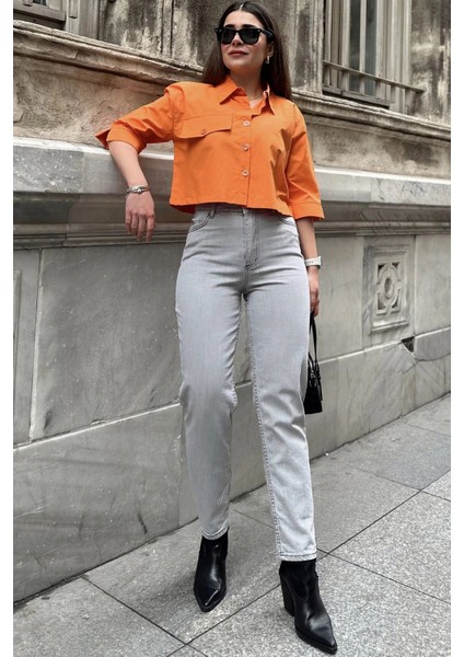 Kadın Gri Yüksek Bel, Rahat Kesim, Boru Paça, Skinny Kot Pantolon - Jeans