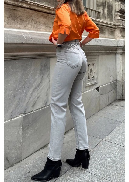 Kadın Gri Yüksek Bel, Rahat Kesim, Boru Paça, Skinny Kot Pantolon - Jeans fırsatları