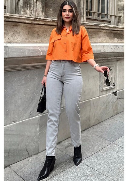 Kadın Gri Yüksek Bel, Rahat Kesim, Boru Paça, Skinny Kot Pantolon - Jeans indirimleri