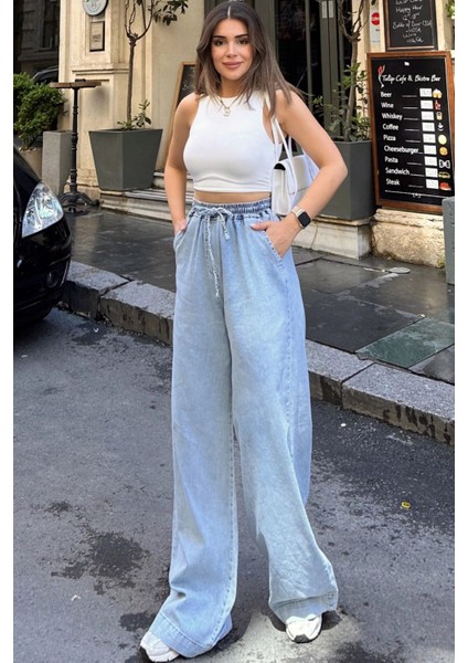 Kadın Açık Mavi Beli Lastikli, Bagcıklı, Cepli, Bol Paça, Palazzo Kot Pantolon - Tesettüre Uygun