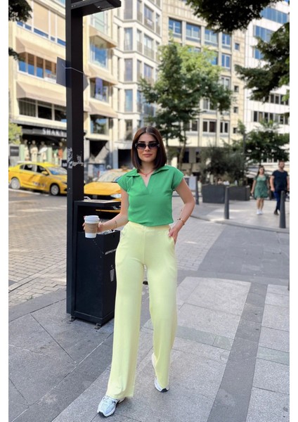 Sarı Ispanyol Bol Paça, Lastikli Bel, Yumuşak Dokulu Kumaş, Salaş & Rahat Kalıp/kesim, Pantolon modelleri