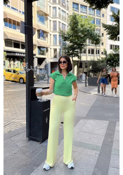 Sarı Ispanyol Bol Paça, Lastikli Bel, Yumuşak Dokulu Kumaş, Salaş & Rahat Kalıp/kesim, Pantolon fırsatları