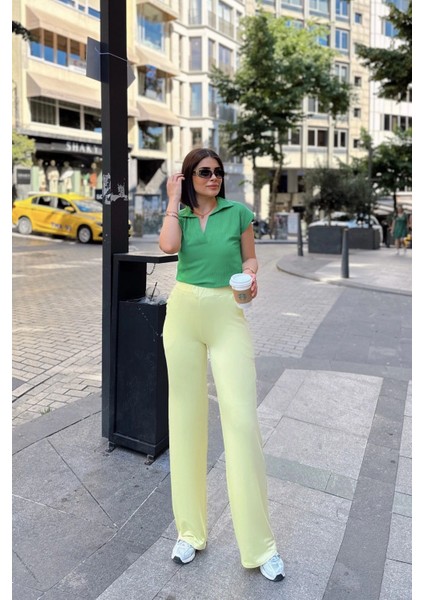 Sarı Ispanyol Bol Paça, Lastikli Bel, Yumuşak Dokulu Kumaş, Salaş & Rahat Kalıp/kesim, Pantolon indirimleri