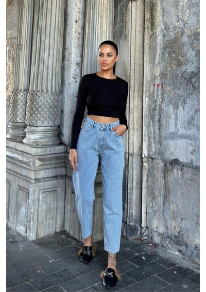 Kar Yıkama Mavi Yüksek Bel, Mom Jean Kot Pantolon fiyatları