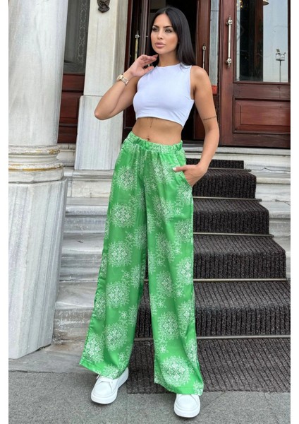 Kadın Yeşil Yeni Stil Etnik Desenli, Beli Lastikli, Salaş Rahat Saten Pantolon