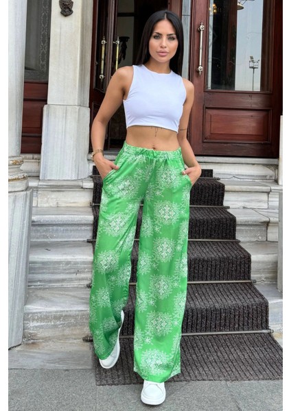 Kadın Yeşil Yeni Stil Etnik Desenli, Beli Lastikli, Salaş Rahat Saten Pantolon modelleri